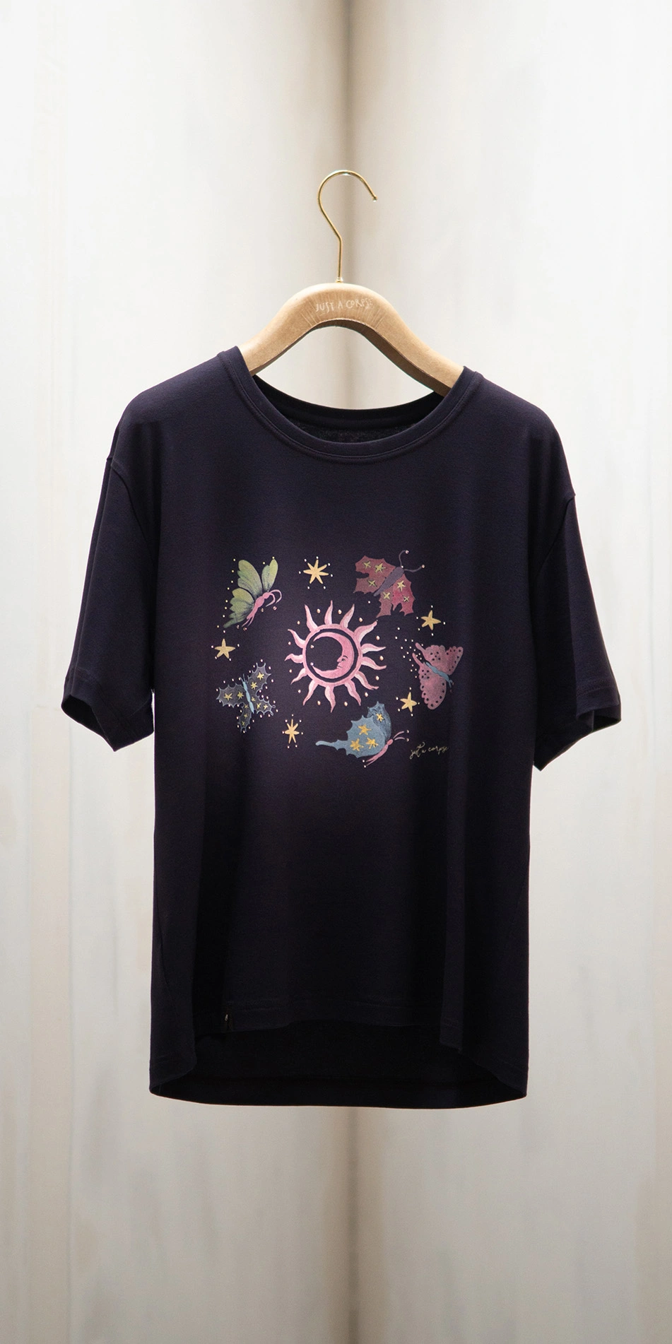 butterfly print t shirt with rhinstones in dark purple front